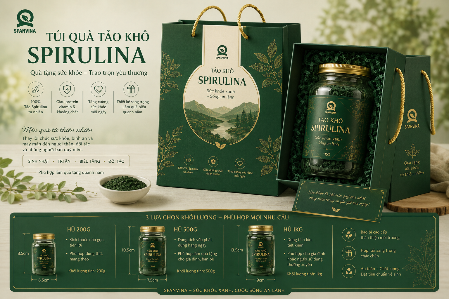 TÚI QUÀ TẶNG SỨC KHỎE BỘT TẢO KHÔ SPIRULINA CAO CẤP 500G